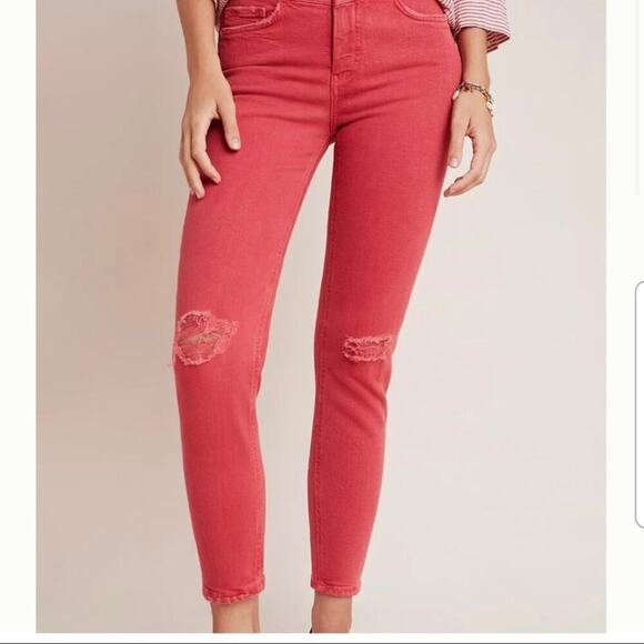Anthropologie Pilcro Jeans Sz26 Red High-Rise Slim Straight Ankle Distressed NEW - Picture 3 of 12
